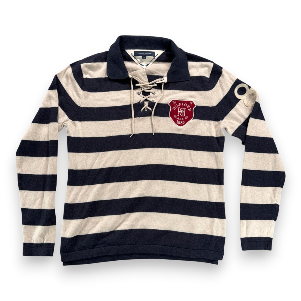 Tommy Hilfiger Polo Shirt Adult MEDIUM Blue White Striped Rugby Wool Lace Neck